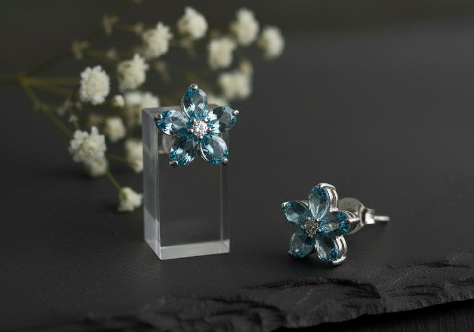 Midnight Bloom Studs: Natural London Blue Topaz & Moissanite Flower Earrings