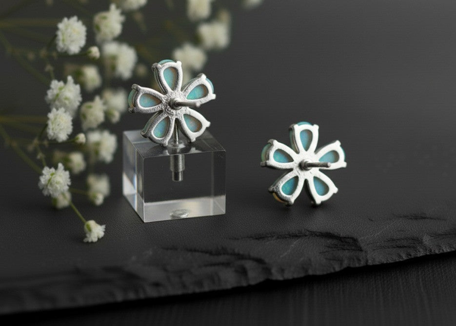 Celestial Daisy Studs: Natural Opal Flower with Dazzling Moissanite Center