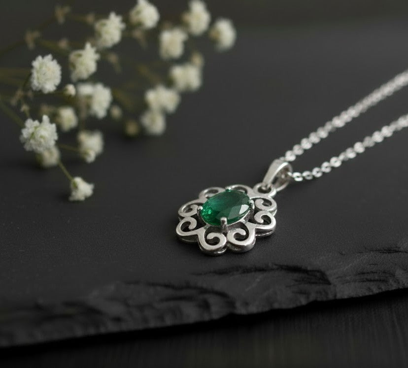 Enchanted Garden Set: Natural Emerald Flower Pendant & Stud Earrings in Sterling Silver