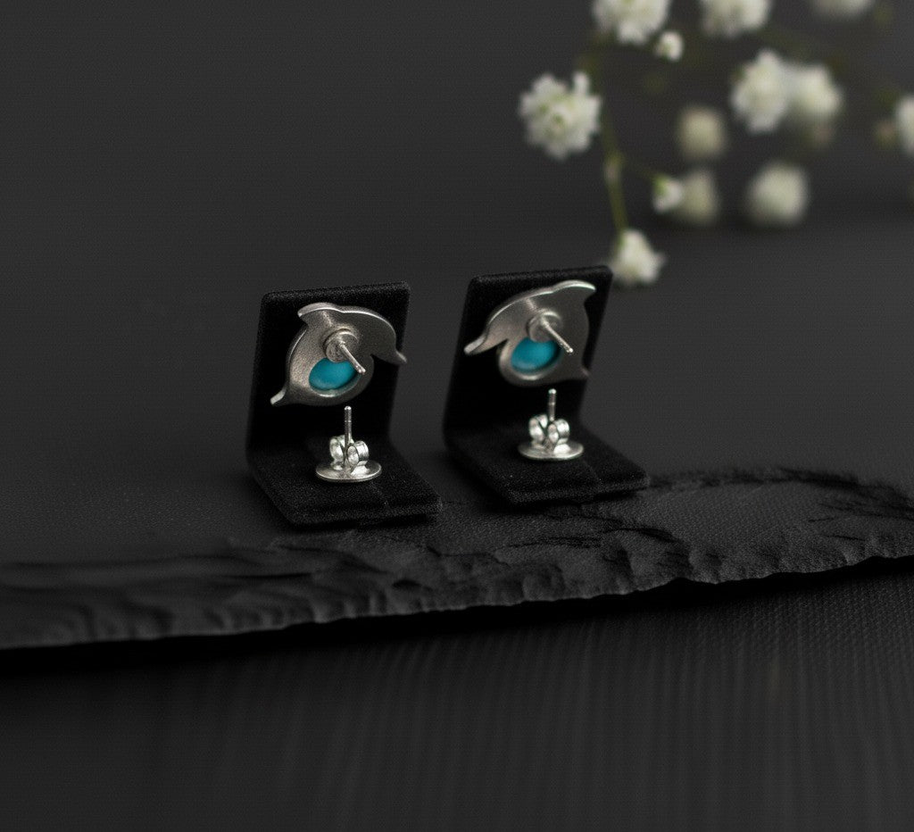 Ocean Spirit Studs: Natural Turquoise Dolphin Earrings in Sterling Silver