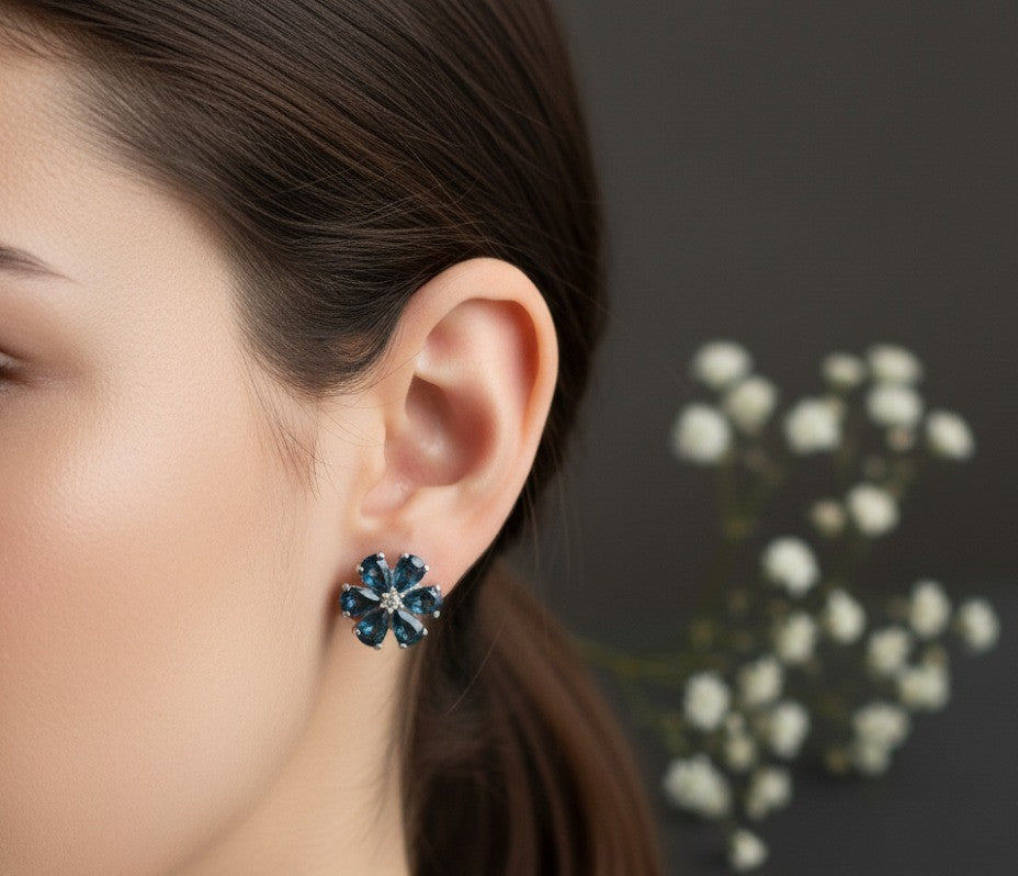 Midnight Bloom Studs: Natural London Blue Topaz & Moissanite Flower Earrings