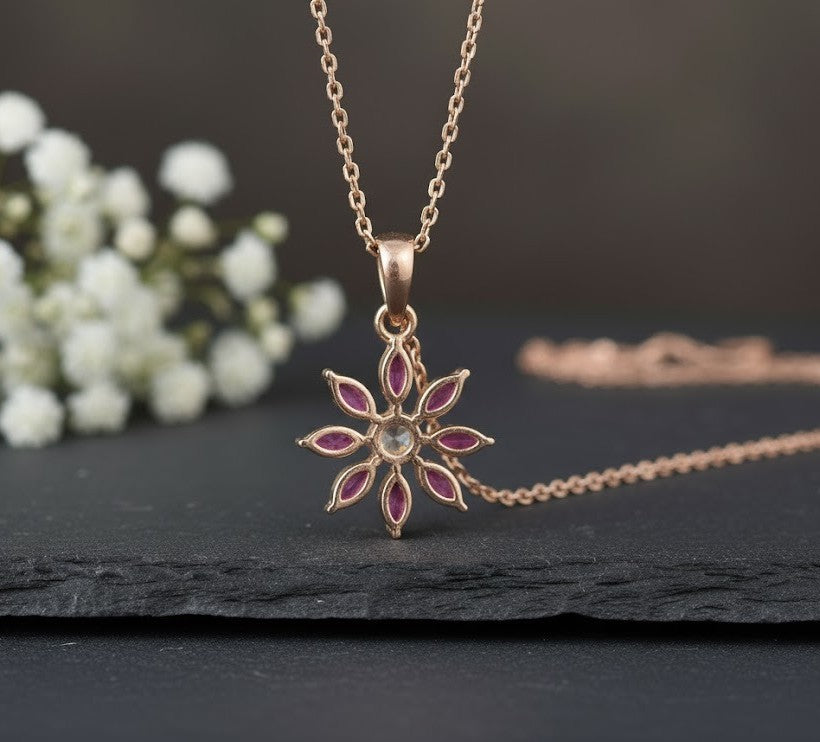 Ruby Petal Set: Natural Ruby & Moissanite Flower Pendant & Stud Earrings