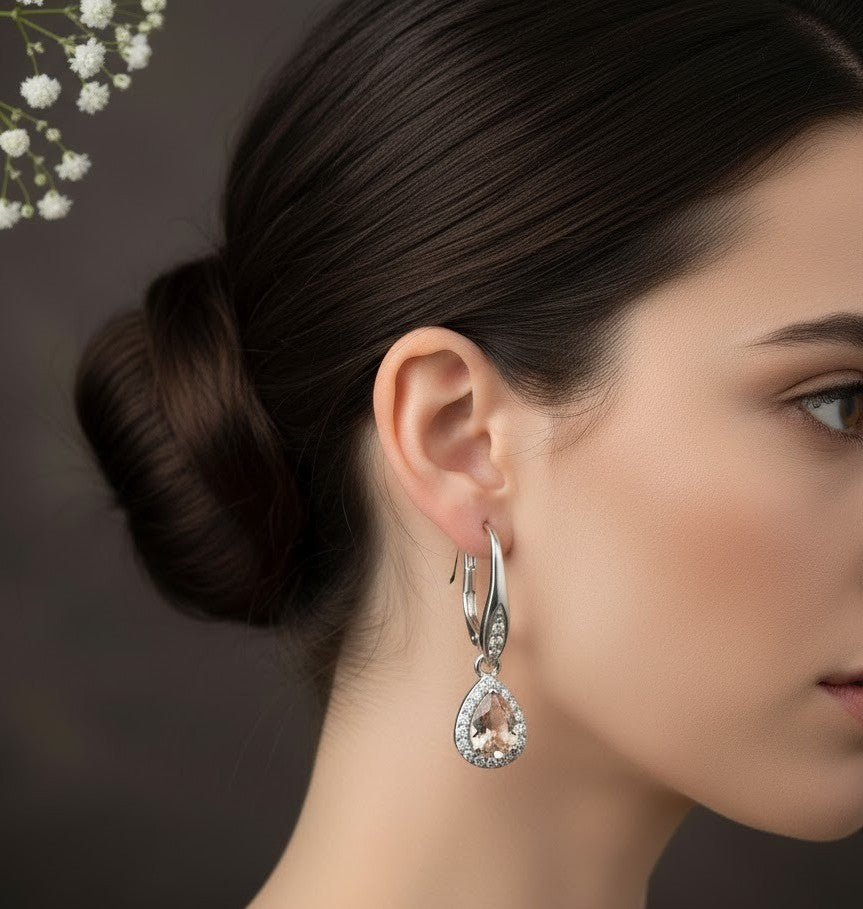 Romantic Blush Set: Natural Morganite & Moissanite Halo Pendant & Drop Earrings Jewelry Set