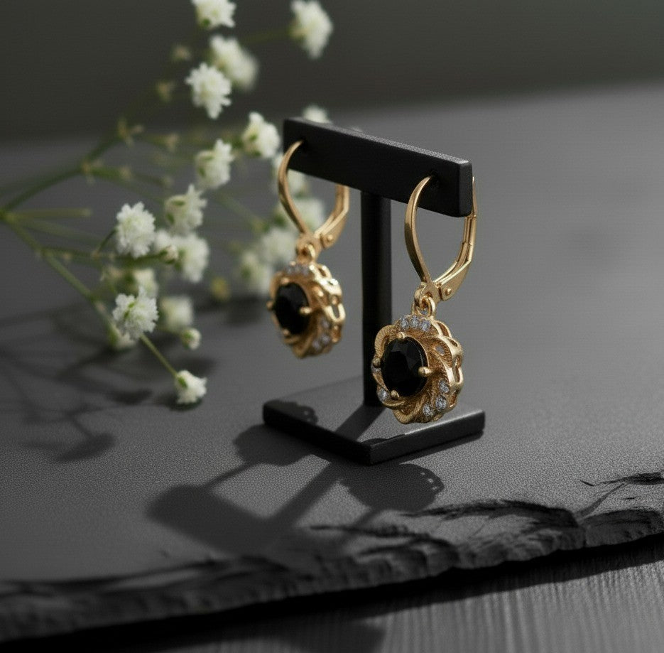 Gothic Glamour: Natural Black Spinel & Moissanite Flower Drop Earrings