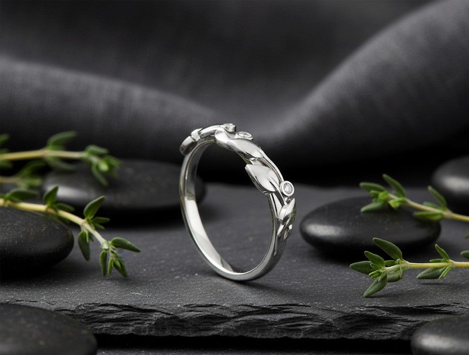 Whispering Leaves Ring: Natural Moissanite Accents in Sterling Silver Vine Band