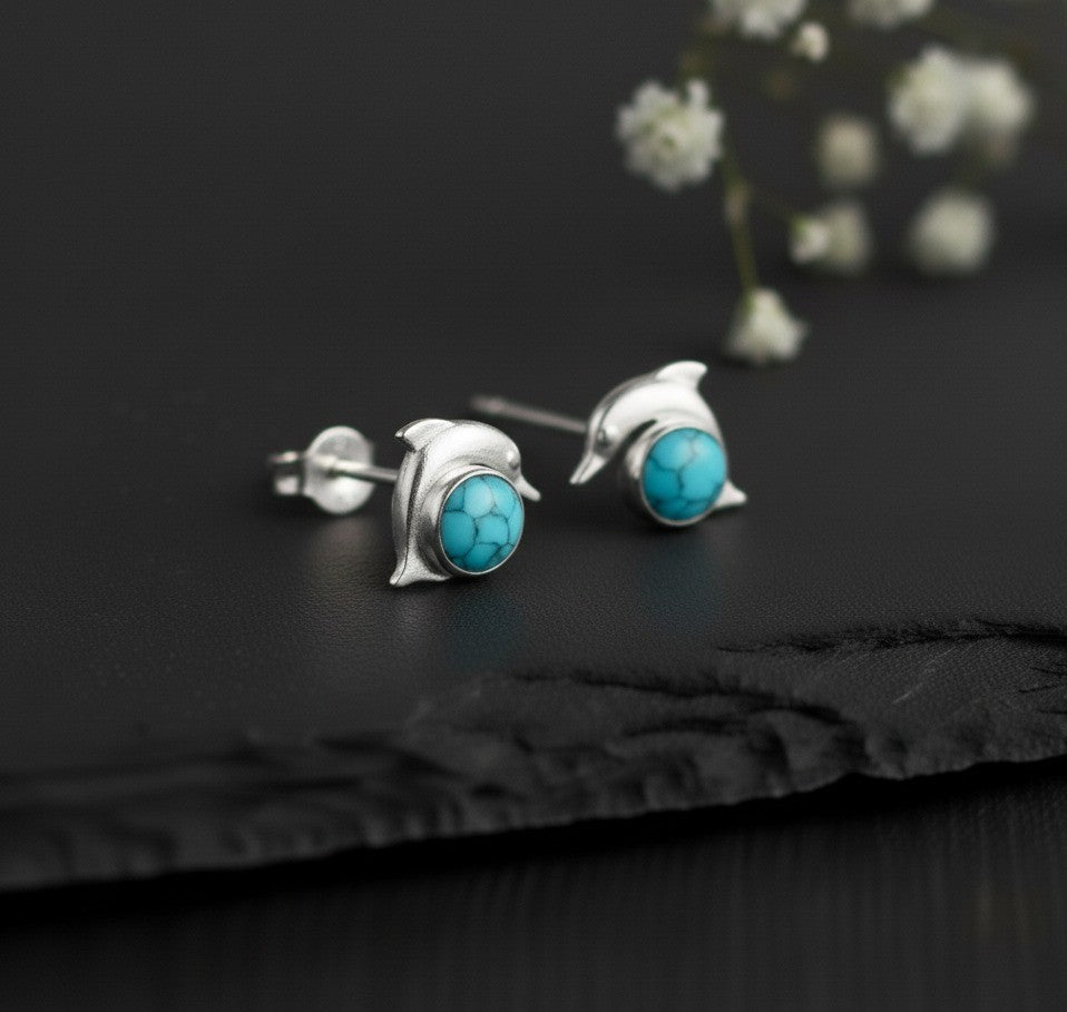 Ocean Spirit Studs: Natural Turquoise Dolphin Earrings in Sterling Silver