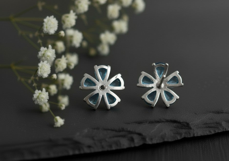 Midnight Bloom Studs: Natural London Blue Topaz & Moissanite Flower Earrings