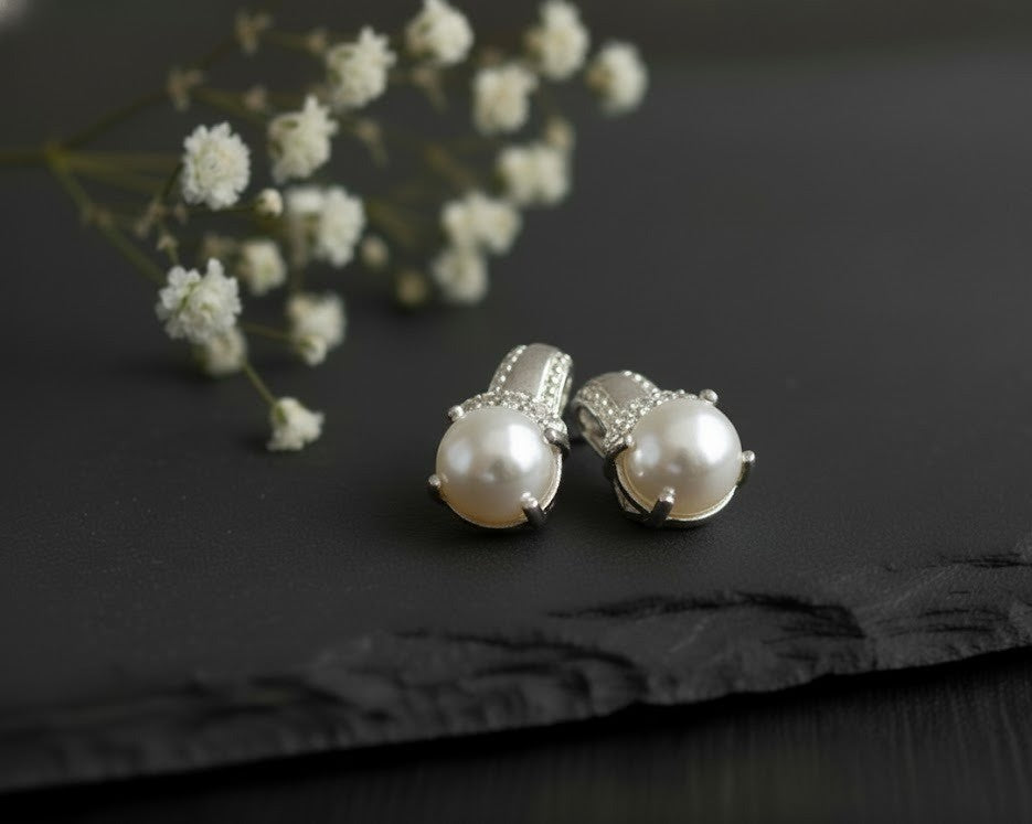 Heirloom Pearl Studs: Natural Pearl & Moissanite Halo Earrings in Sterling Silver