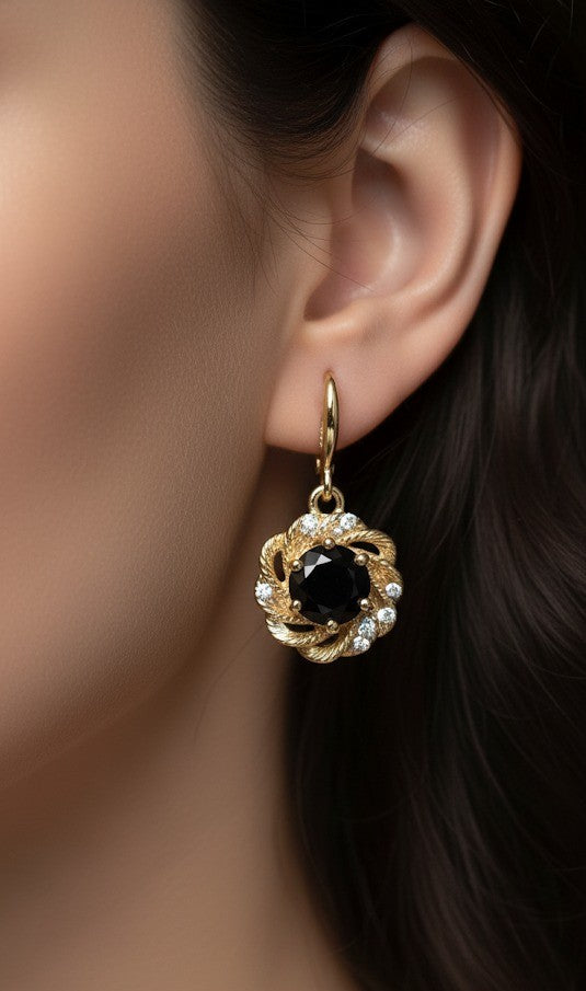 Gothic Glamour: Natural Black Spinel & Moissanite Flower Drop Earrings