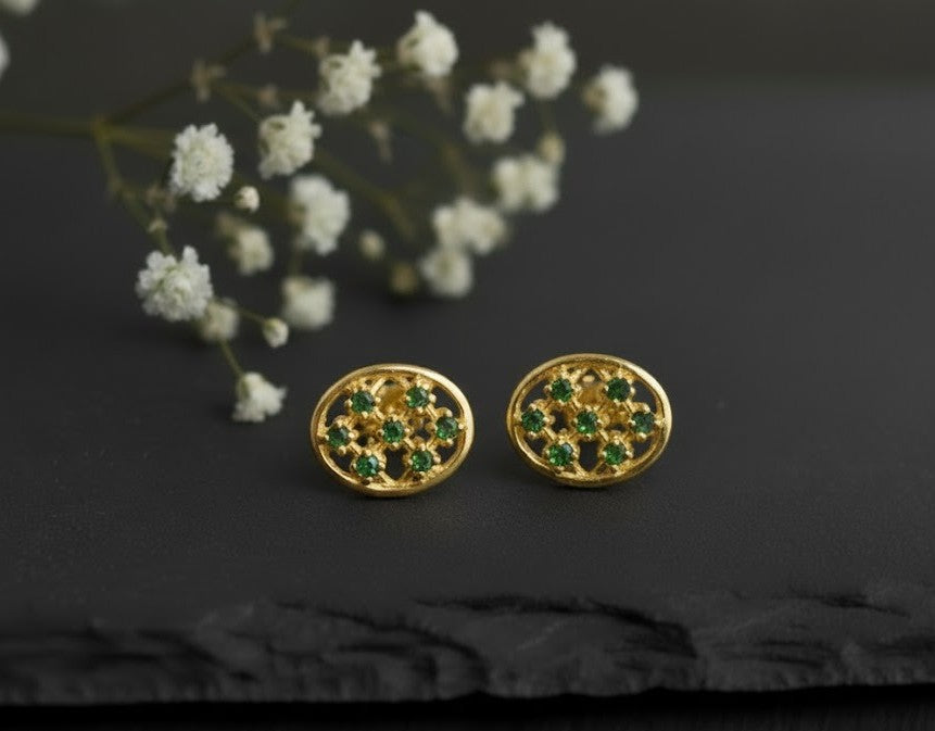 Emerald Mosaic Studs: Natural Emerald Cluster Earrings in Sterling Silver