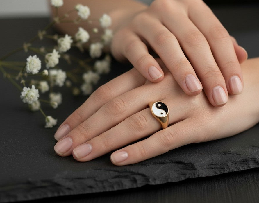 Balance Ring: Sterling Silver Signet with Black & White Enamel Yin-Yang