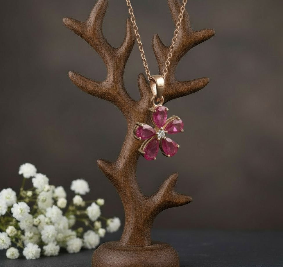 Natural Ruby & Moissanite Flower Pendant and Drop Earrings
