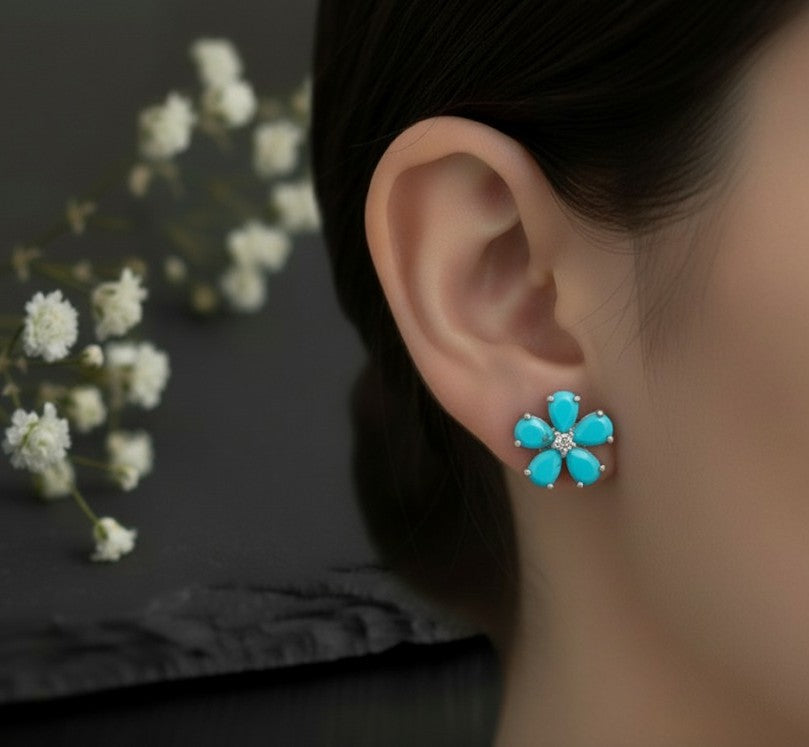 Blossom Studs: Natural Turquoise & Brilliant Moissanite Flower Earrings in Sterling Silver