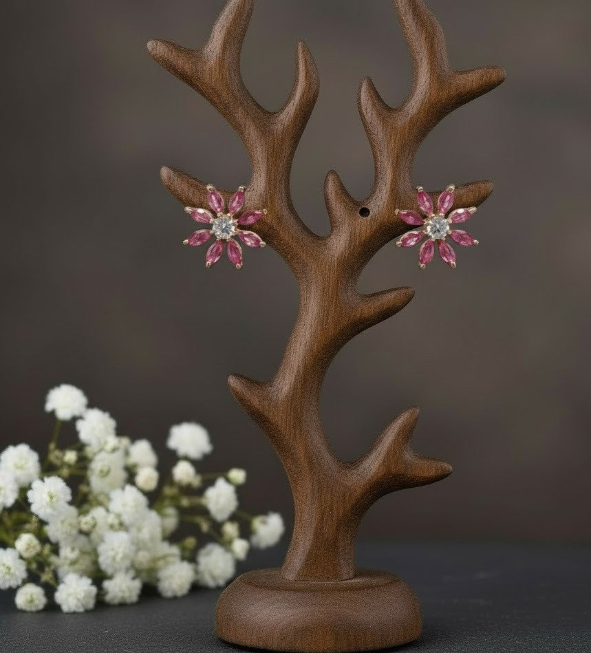 Ruby Petal Set: Natural Ruby & Moissanite Flower Pendant & Stud Earrings