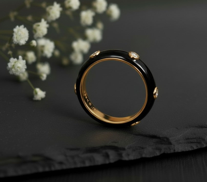 Brilliant Dot Band: Natural Moissanite Eternity Ring with Black Enamel in Sterling Silver