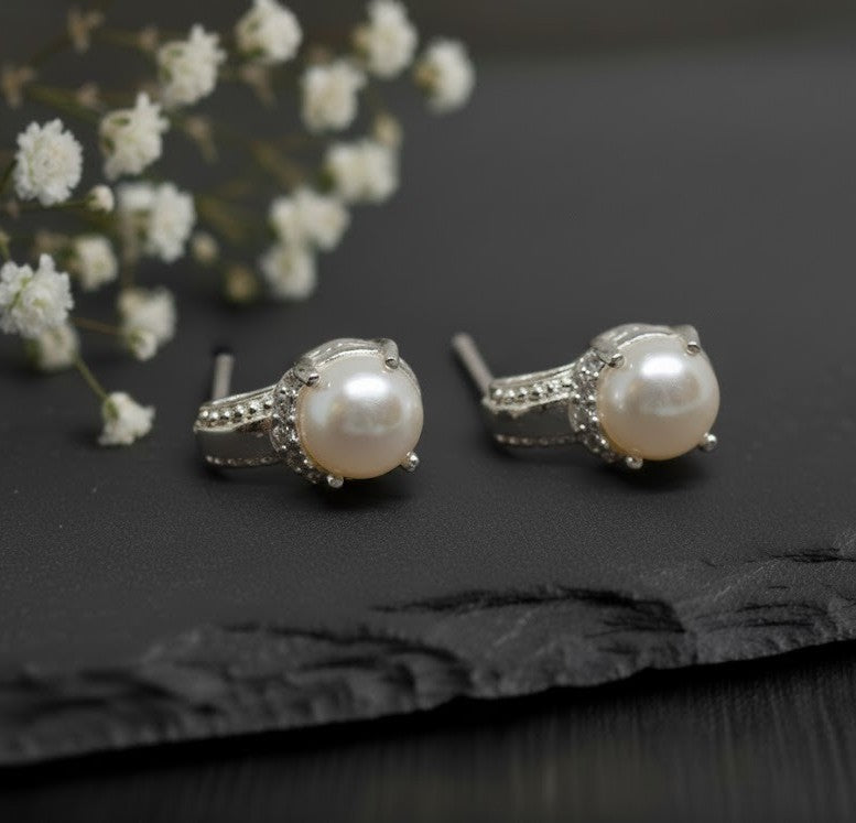 Heirloom Pearl Studs: Natural Pearl & Moissanite Halo Earrings in Sterling Silver