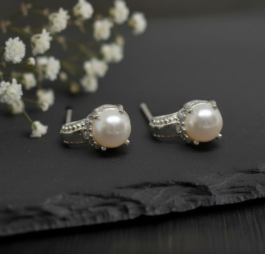 Heirloom Pearl Studs: Natural Pearl & Moissanite Halo Earrings in Sterling Silver