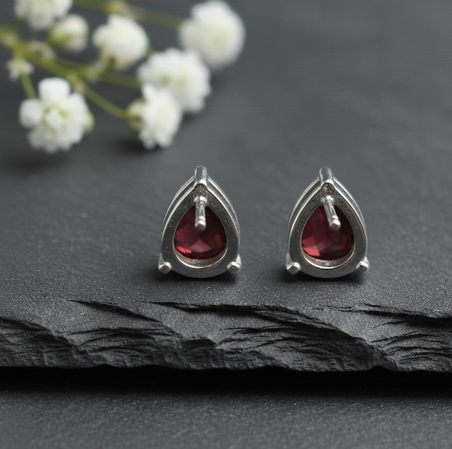 Passion Drops: Natural Deep Red Garnet Pear Stud Earrings in Sterling Silver