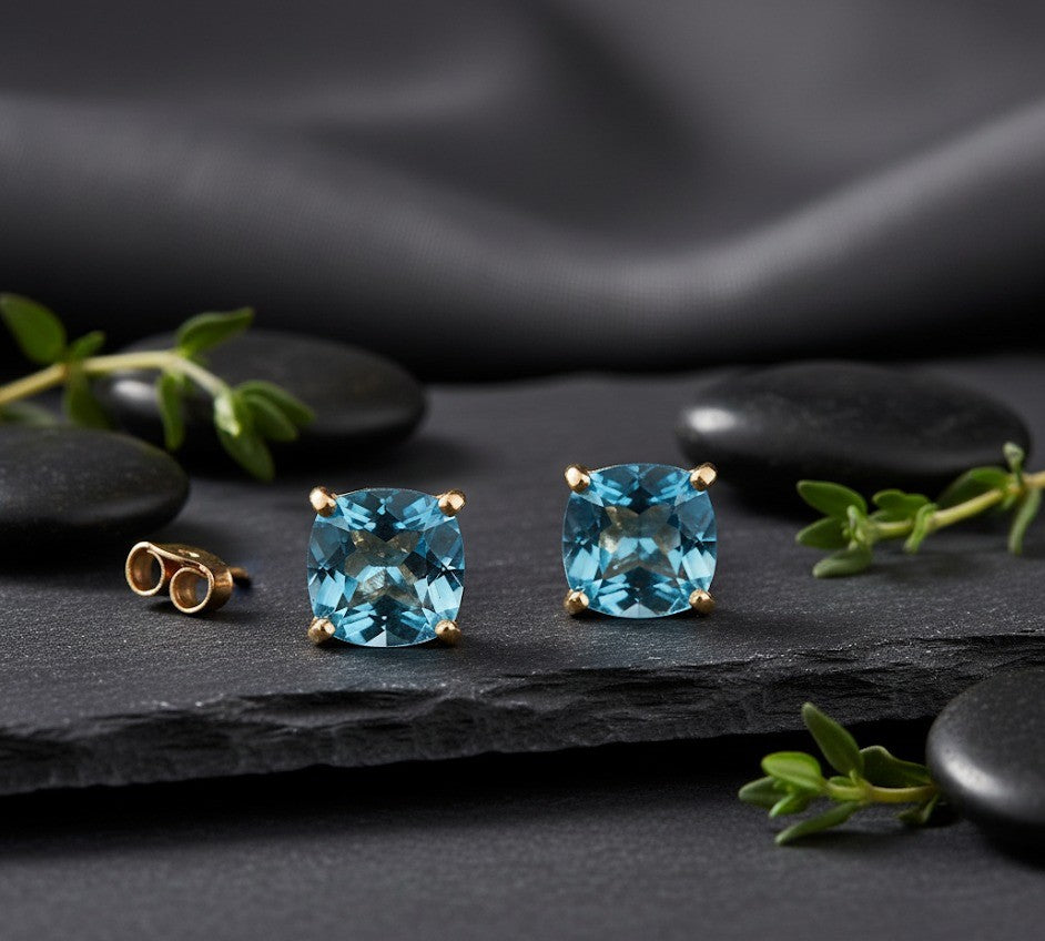 Sky Blue Solitaire Studs: Natural Cushion Blue Topaz Earrings in Sterling Silver