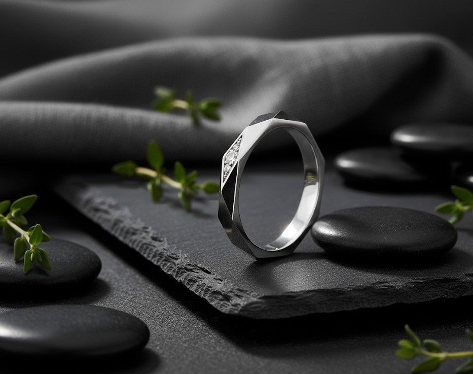 Modern Facet Band: Natural Moissanite Channel Ring in Sterling Silver