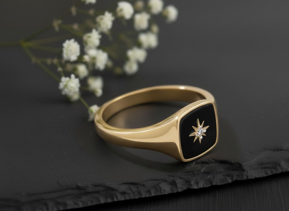 Celestial Star Signet Ring: Moissanite Starburst on Black Enamel Sterling Silver