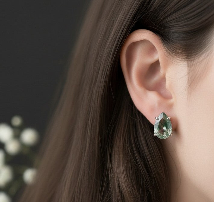 Enchanted Garden Studs: Natural Pear Moss Agate Earrings in Sterling Silver