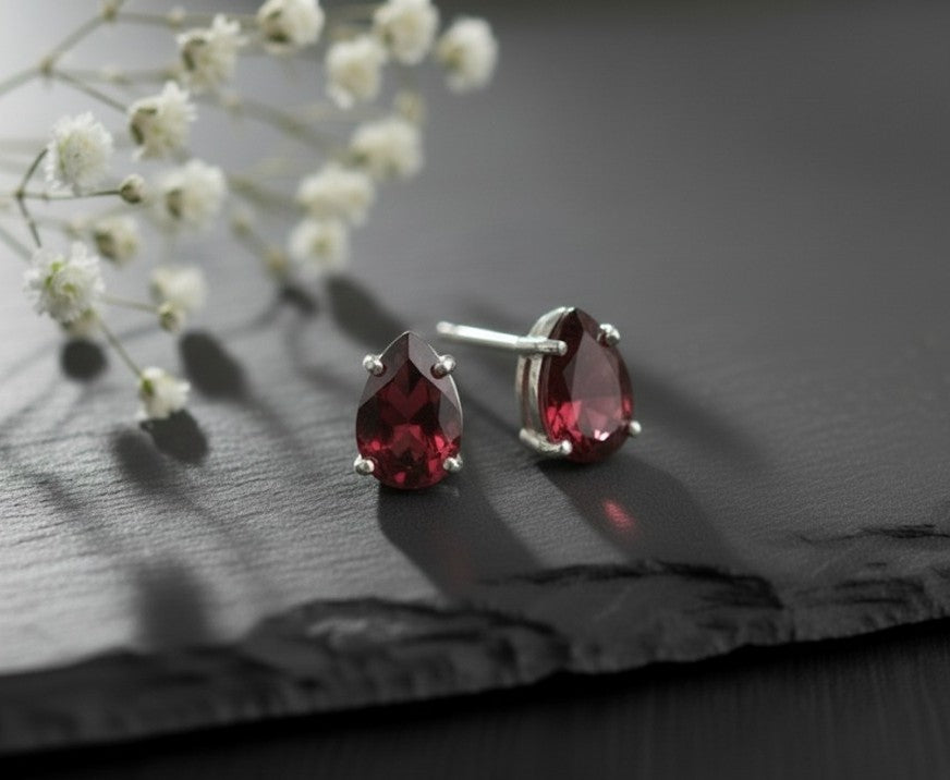 Passion Drops: Natural Deep Red Garnet Pear Stud Earrings in Sterling Silver