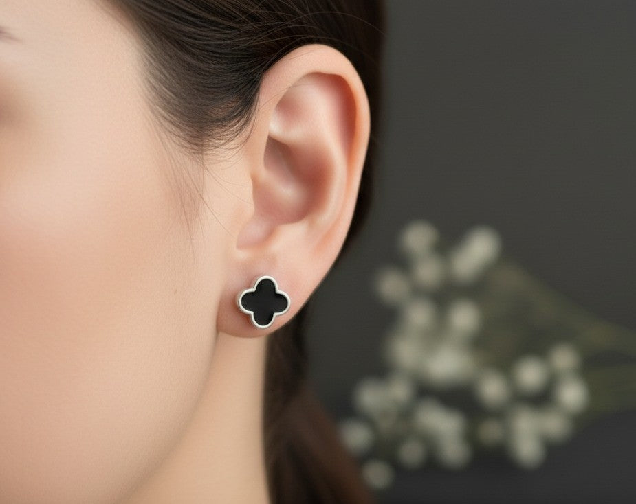 Midnight Bloom Studs: Black Enamel Clover Earrings in Sterling Silver