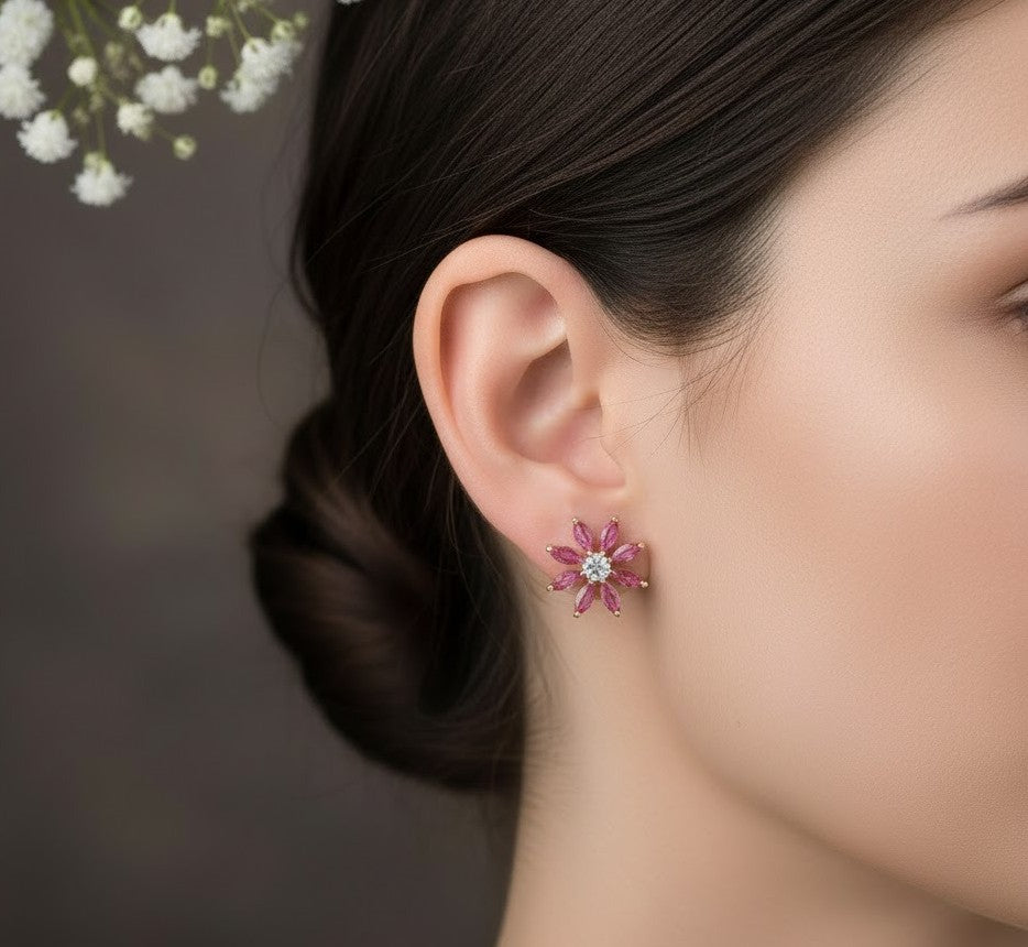 Ruby Petal Set: Natural Ruby & Moissanite Flower Pendant & Stud Earrings