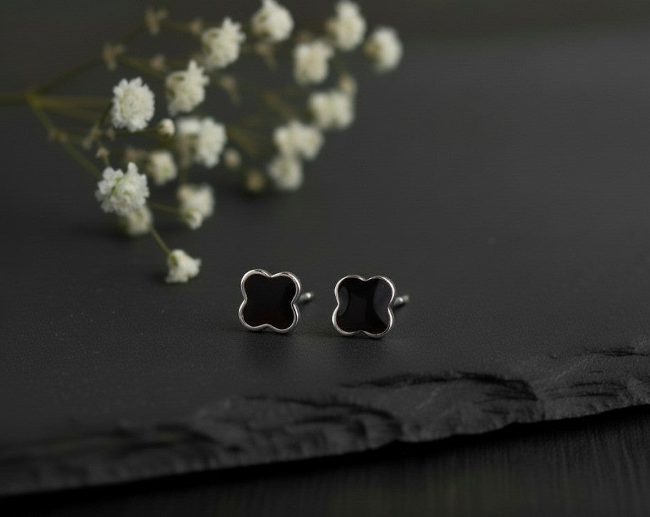 Midnight Bloom Studs: Black Enamel Clover Earrings in Sterling Silver