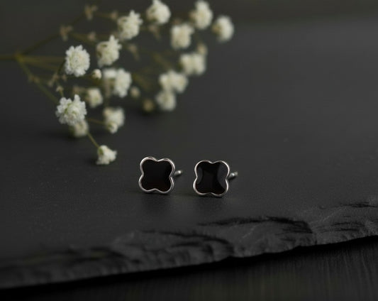 Midnight Bloom Studs: Black Enamel Clover Earrings in Sterling Silver