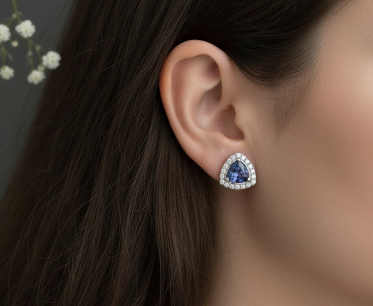 Regal Twilight Studs: Natural Tanzanite & Dazzling Moissanite Halo Earrings