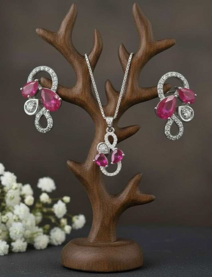 Royal Bloom Set: Natural Ruby & Moissanite Cluster Pendant & Stud Earrings