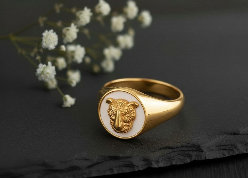 Majestic Tiger Ring: Intricate Gold-Tone Tiger Head on White Enamel Signet