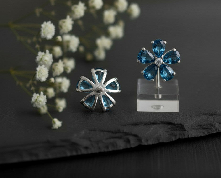 Midnight Bloom Studs: Natural London Blue Topaz & Moissanite Flower Earrings