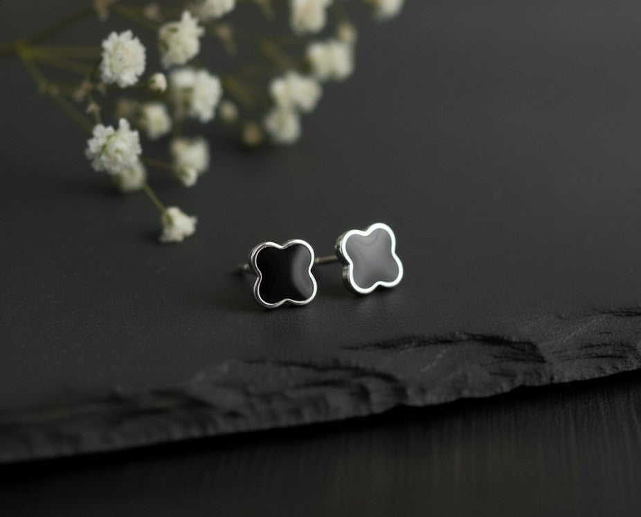 Midnight Bloom Studs: Black Enamel Clover Earrings in Sterling Silver