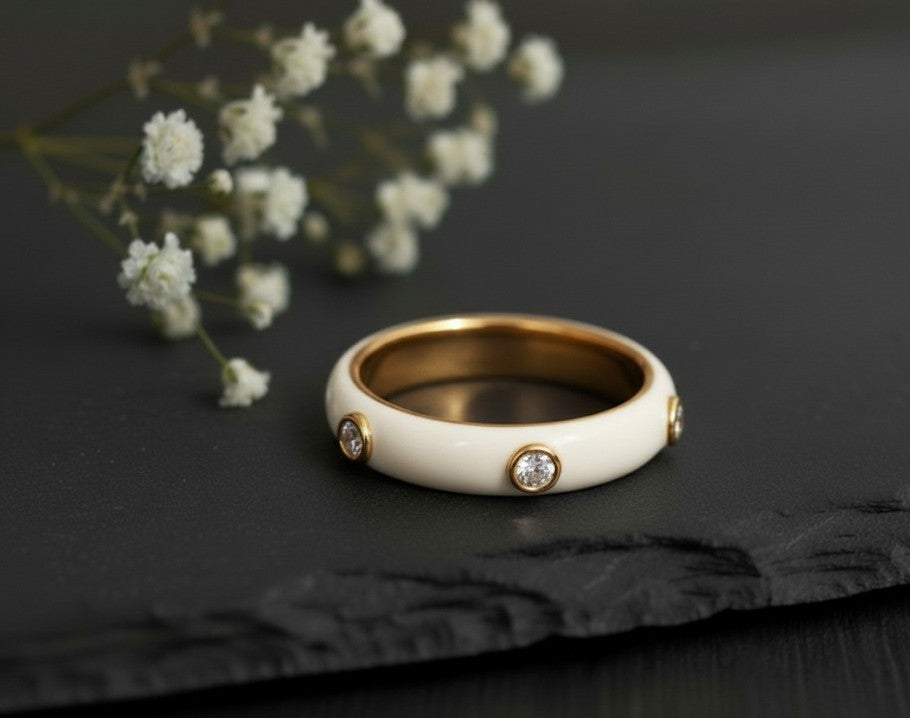 Brilliant Line Ring: Natural Moissanite Eternity Band with White Enamel Detail