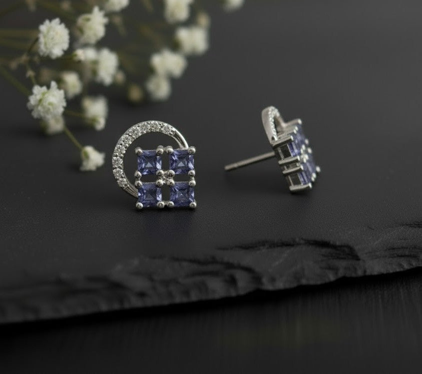 Twilight Bloom Studs: Natural Tanzanite & Moissanite Halo Earrings in Sterling Silver