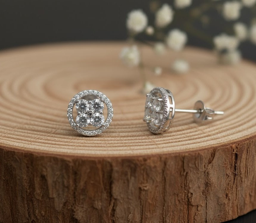 Floral Fire Studs: Natural Moissanite Flower Cluster Earrings in Sterling Silver