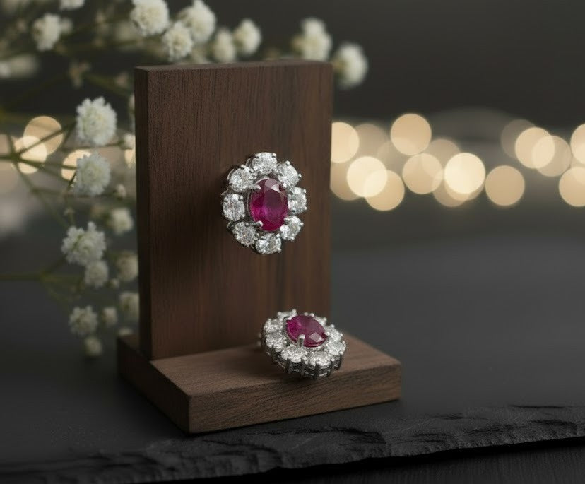 Twilight Halo Set: Natural Rhodolite Garnet & Moissanite Cluster Jewelry Set