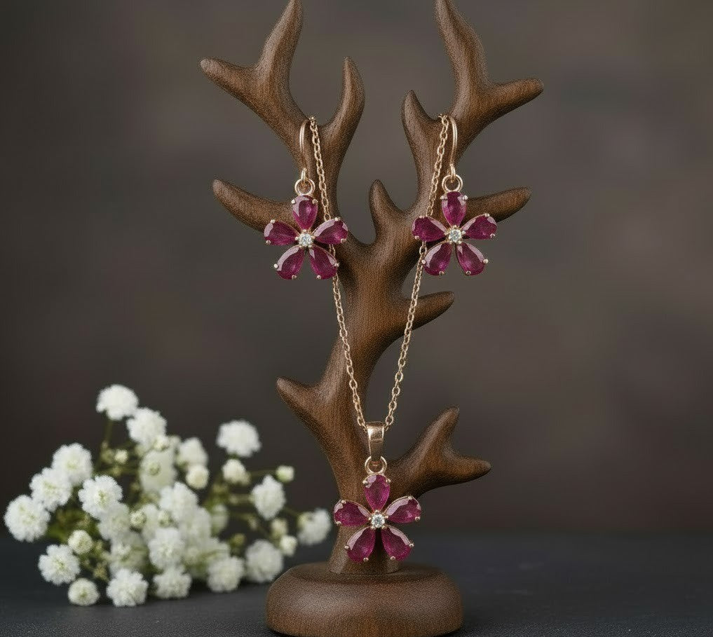 Natural Ruby & Moissanite Flower Pendant and Drop Earrings