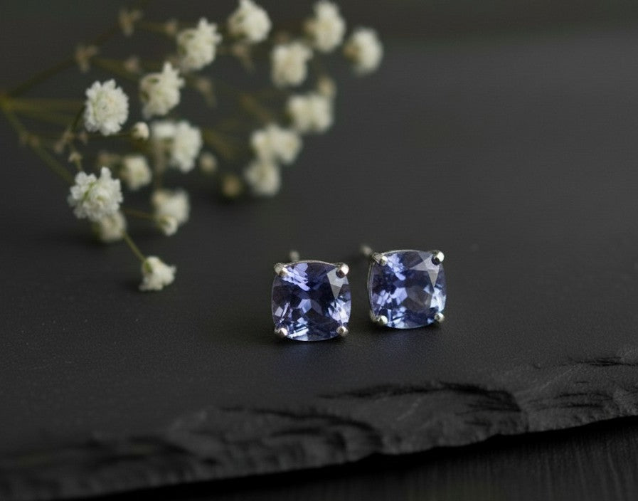 Violet Dream Studs: Natural Cushion Tanzanite Earrings in Sterling Silver