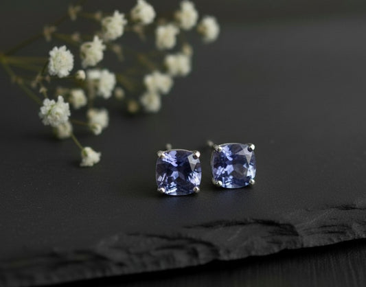 Violet Dream Studs: Natural Cushion Tanzanite Earrings in Sterling Silver