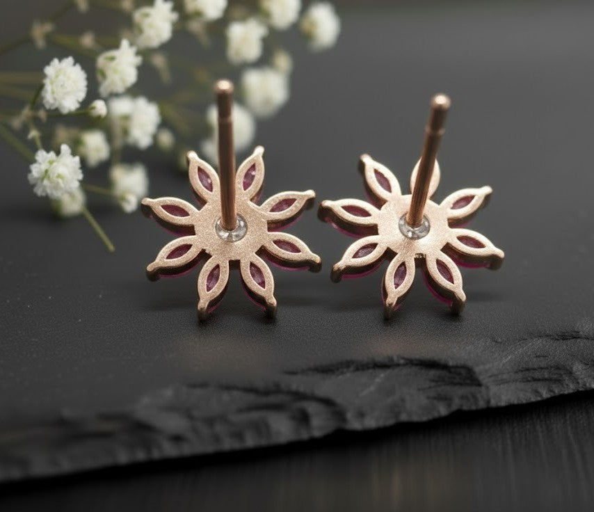 Ruby Petal Set: Natural Ruby & Moissanite Flower Pendant & Stud Earrings