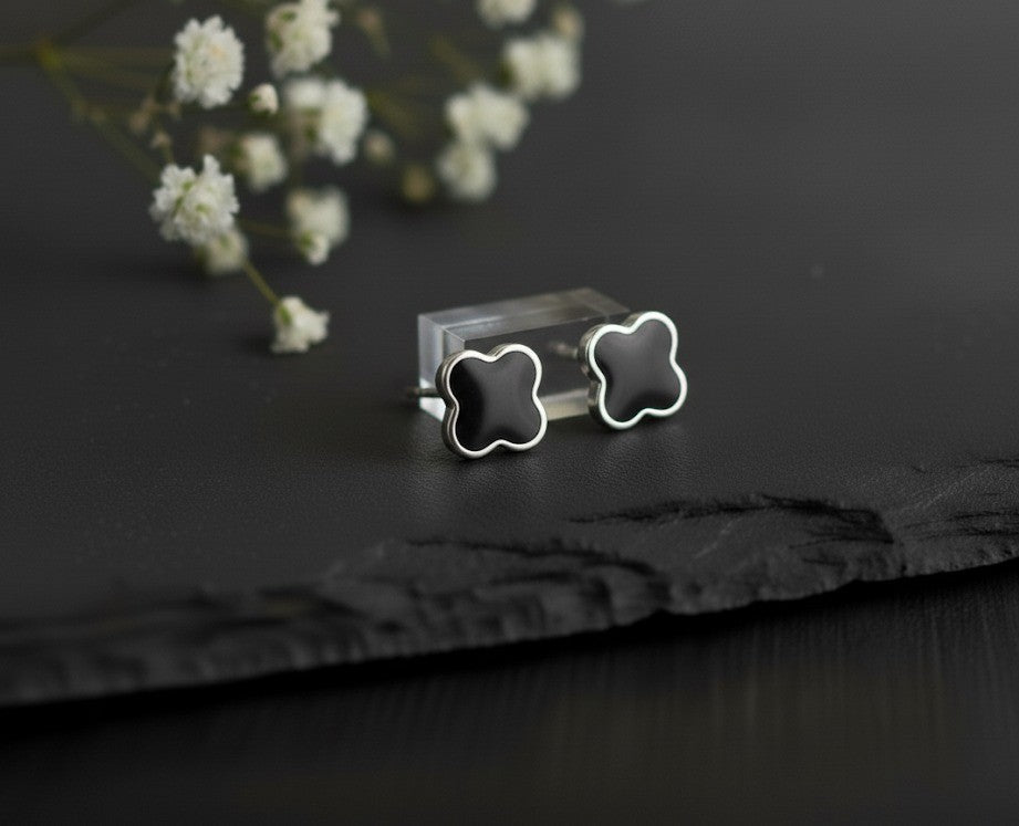 Midnight Bloom Studs: Black Enamel Clover Earrings in Sterling Silver