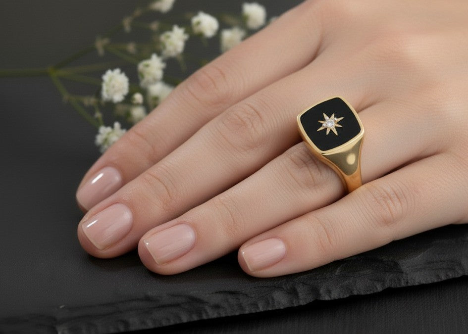 Celestial Star Signet Ring: Moissanite Starburst on Black Enamel Sterling Silver