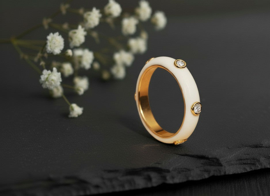 Brilliant Line Ring: Natural Moissanite Eternity Band with White Enamel Detail