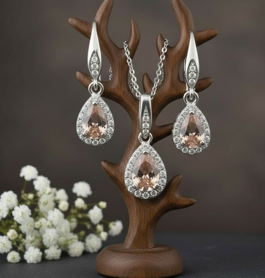 Romantic Blush Set: Natural Morganite & Moissanite Halo Pendant & Drop Earrings Jewelry Set