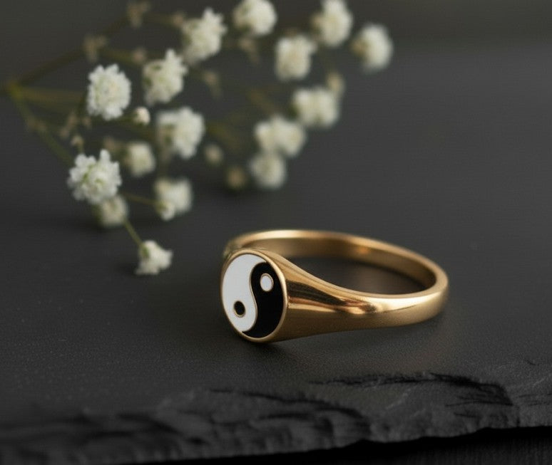 Balance Ring: Sterling Silver Signet with Black & White Enamel Yin-Yang