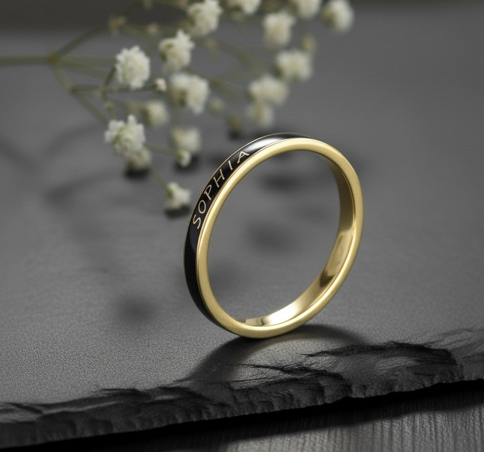 Personalized Name Band: Engraved Name in Black Enamel on Sterling Silver